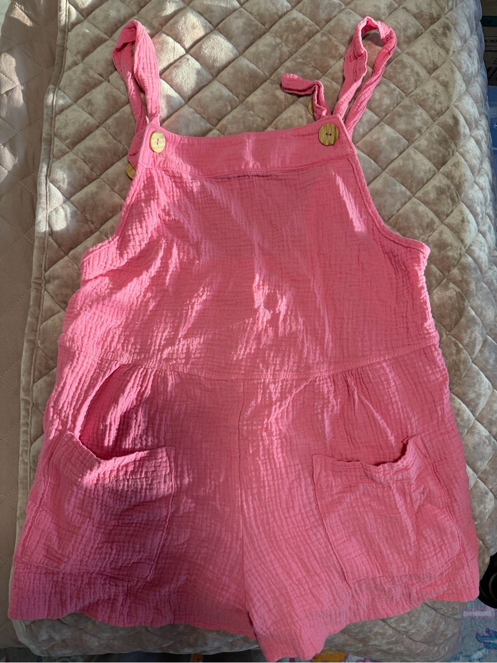 Pink Cotton Gauze Overalls Romper with Pockets